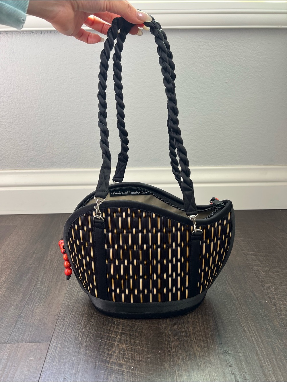 Black Woven Accent Shoulder Bag with Red Bead Detail
